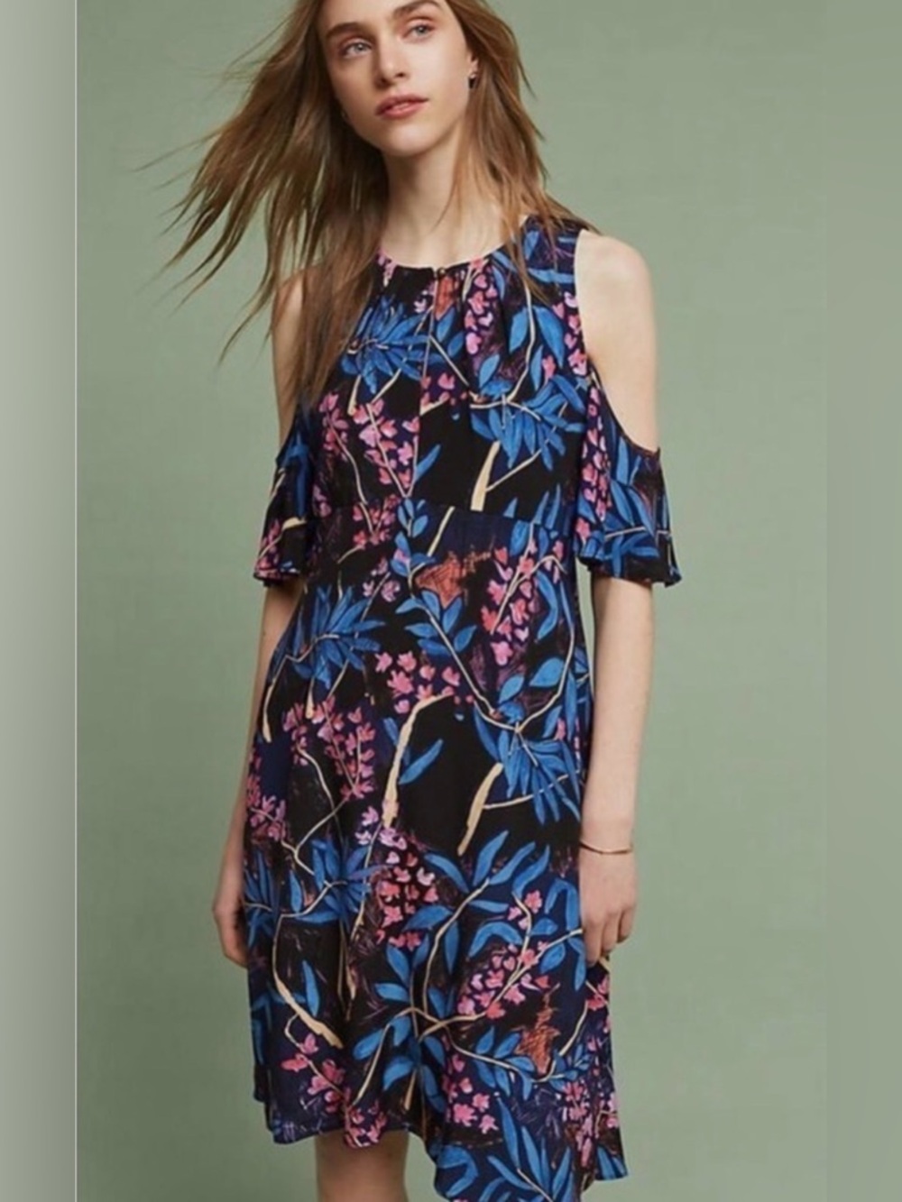 🌸 Anthropologie Maeve Ella Floral Dress Size 6 Cold Shoulder 💙
